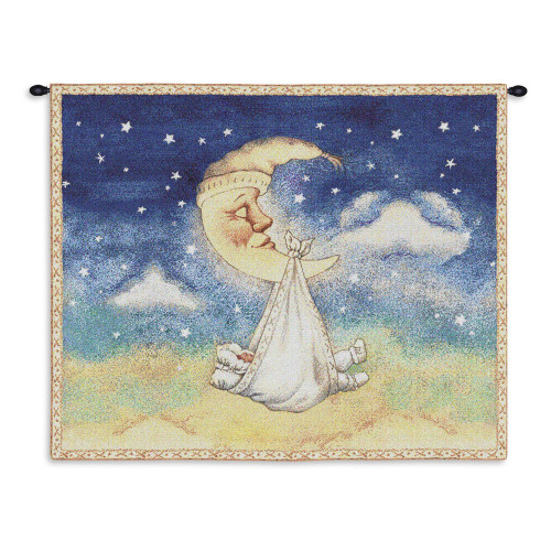 Nighty Night | Woven Tapestry Wall Art Hanging | Celestial Crescent Moon Carrying Baby to Bed | 100% Cotton USA Size 33x26 Wall Tapestry