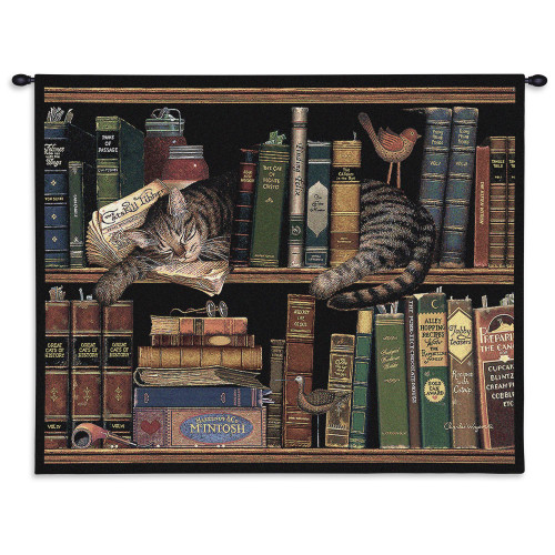 Max In the Stacks by Charles Wysocki | Woven Tapestry Wall Art Hanging | Sleeping Cat on Bookshelf - Fun Cat Lover's Gift | Cotton | Made in the USA | Size 34x26 Wall Tapestry