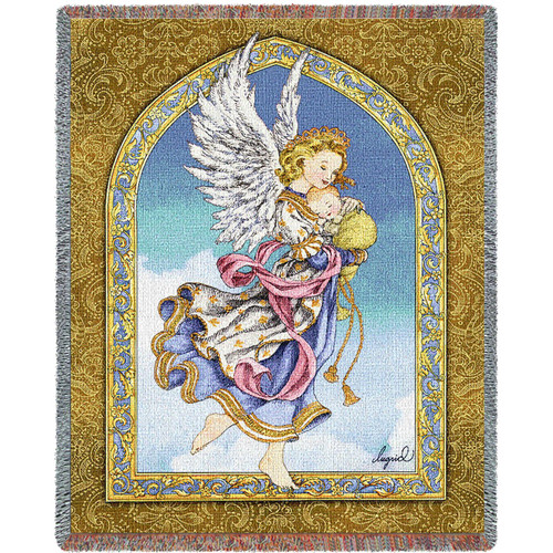 Guardian Angel and Baby - Ingrid - Cotton Woven Blanket Throw - Made in the USA (72x54) Tapestry Throw