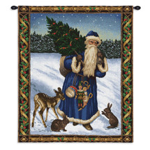 Father Christmas Blue | Woven Tapestry Wall Art Hanging | Santa on Snowy Field Festive Holiday Decor | 100% Cotton USA Size 34x26 Wall Tapestry