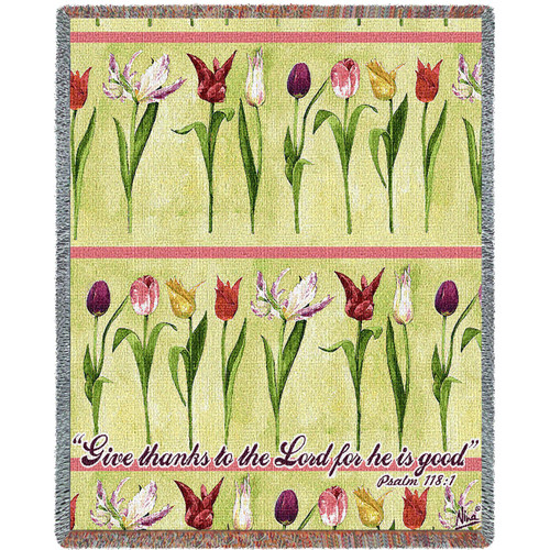Tulips - Give Thanks To The Lord For He Is good - Scriptures - Psalm 118:1 - Nina Herold - Cotton Woven Blanket Throw - Made in the USA (72x54) Tapestry Throw