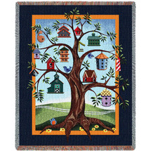 Birdhouse Tree - Cotton Woven Blanket Throw - Made in the USA (72x54) Tapestry Throw