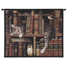 Frederick the Literate by Charles Wysocki | Woven Tapestry Wall Art Hanging | Whimsical Tabby Asleep on Bookcase - Fun Cat Lover's Gift | Cotton | Made in the USA | Size 34x26 Wall Tapestry