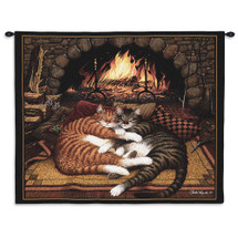 All Burned Out by Charles Wysocki | Woven Tapestry Wall Art Hanging | Tabby Cats Cuddle by Fireplace ? Fun Cat Lover?s Gift | Cotton | Made in the USA | Size 34x26 Wall Tapestry