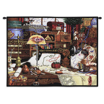 Maggie the Messmaker by Charles Wysocki | Woven Tapestry Wall Art Hanging | Americana Sewing Needles Yarn Singer Lamp ? Fun Cat Lover?s Gift | Cotton | Made in the USA | Size 34x26 Wall Tapestry