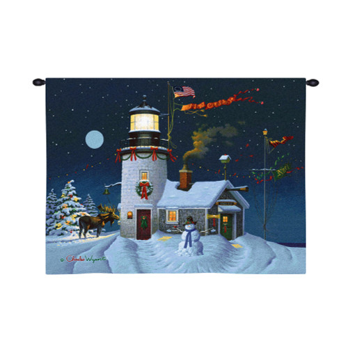 Take Out Window by Charles Wysocki | Woven Tapestry Wall Art Hanging | Festive Christmas Lighthouse Cottage with Snowman and Moose | 100% Cotton USA Size 34x26 Wall Tapestry