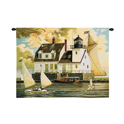 Rockland Breakwater Light by Charles Wysocki | Woven Tapestry Wall Art Hanging | Maine Harbor Lighthouse with Sailboats | Cotton | Made in the USA | Size 34x26 Wall Tapestry
