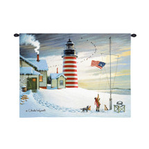 West Quoddy Lighthouse by Charles Wysocki | Woven Tapestry Wall Art Hanging | Whimsical American Coastal Lighthouse in Winter | 100% Cotton USA Size 34x26 Wall Tapestry
