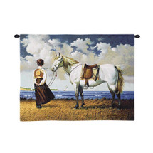 Sea Captain's Wife Abiding by Charles Wysocki | Woven Tapestry Wall Art Hanging | White Horse and Woman Patiently Waiting at Seaside | 100% Cotton USA Size 34x26 Wall Tapestry
