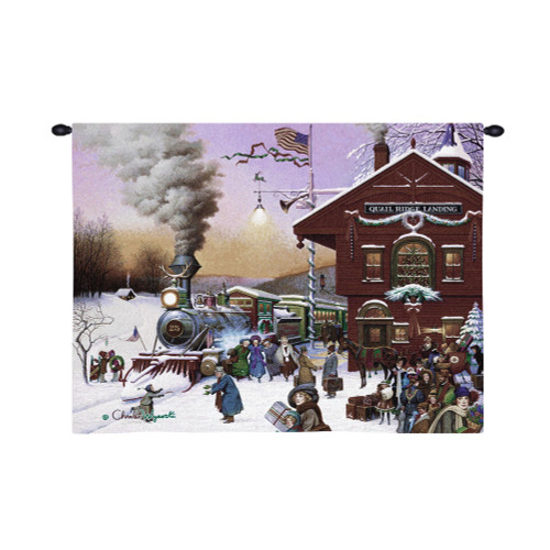 Whistle Stop Christmas by Charles Wysocki | Woven Tapestry Wall Art Hanging | Whimsical Wintry American Train Station at Christmas | 100% Cotton USA Size 34x26 Wall Tapestry