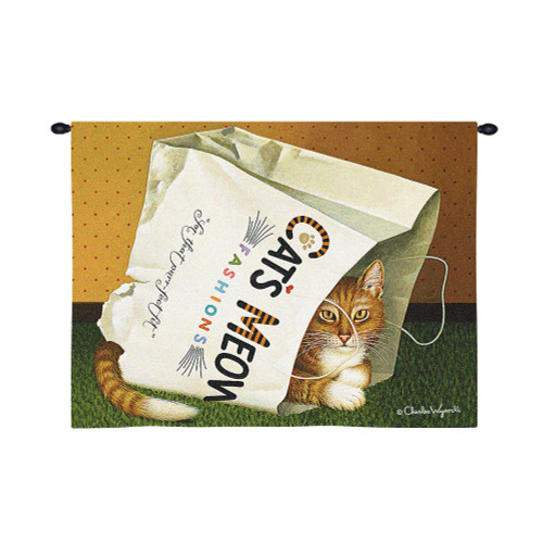 Cat's in Bag by Charles Wysocki | Woven Tapestry Wall Art Hanging | Plump Feline Playing in Shopping Bag - Fun Cat Lover's Gift | 100% Cotton USA Size 34x26 Wall Tapestry