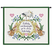 Lullabye and Goodnight | Woven Tapestry Wall Art Hanging | Whimsical Stork and Sleeping Bunnies Baby Room Decor | Cotton | Made in the USA | Size 25x5x23 Wall Tapestry