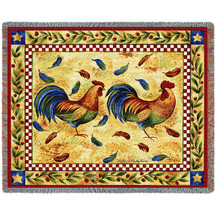 Two French Roosters - Helen Vladykina - Cotton Woven Blanket Throw - Made in the USA (72x54) Tapestry Throw
