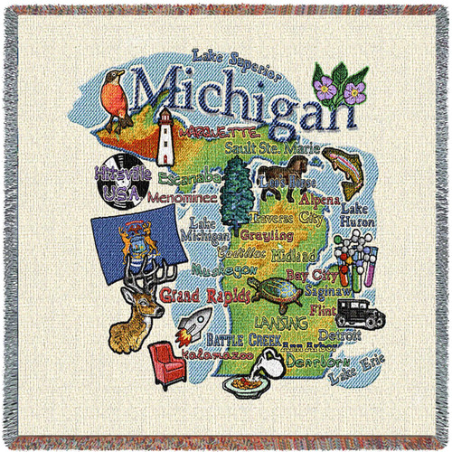 State of Michigan - Lap Square Cotton Woven Blanket Throw - Made in the USA (54x54) Lap Square