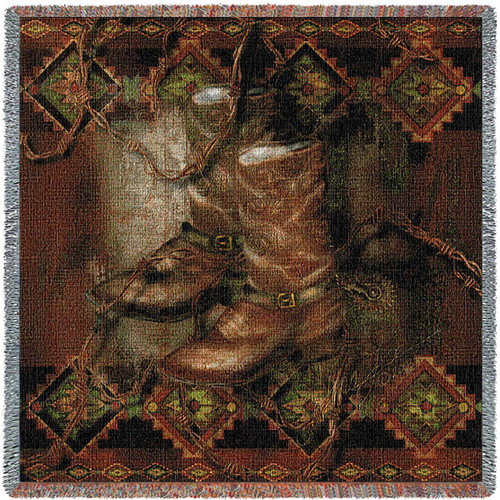Western Boot - Cowboy Alma Lee - Lap Square Cotton Woven Blanket Throw - Made in the USA (54x54) Lap Square