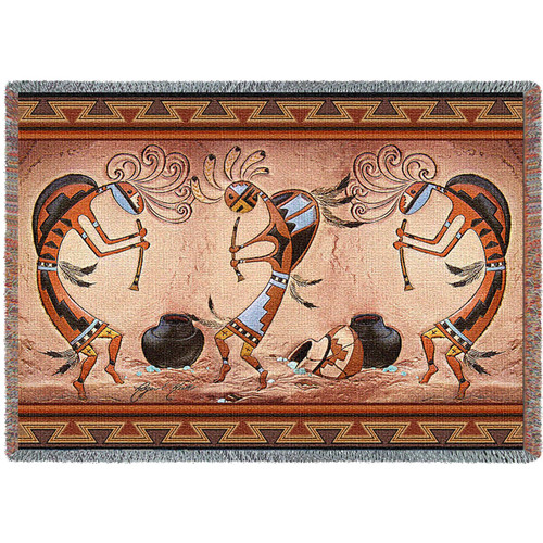 Kokopelli Pot Dance - Southwest Cave Rock Art - Roger Kull - Cotton Woven Blanket Throw - Made in the USA (72x54) Tapestry Throw