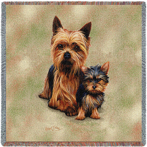 Yorkshire Terrier Yorkie with Puppy - Robert May - Lap Square Cotton Woven Blanket Throw - Made in the USA (54x54) Lap Square