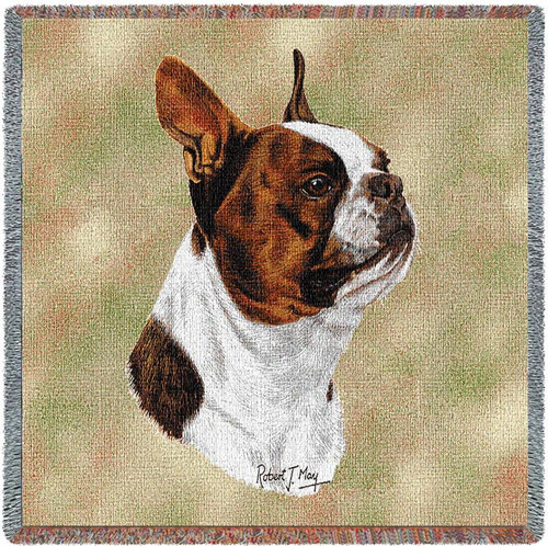 Boston Terrier Brown - Robert May - Lap Square Cotton Woven Blanket Throw - Made in the USA (54x54) Lap Square