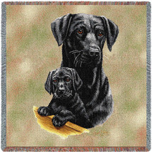 Labrador Retriever with Puppy Black Lab - Robert May - Lap Square Cotton Woven Blanket Throw - Made in the USA (54x54) Lap Square