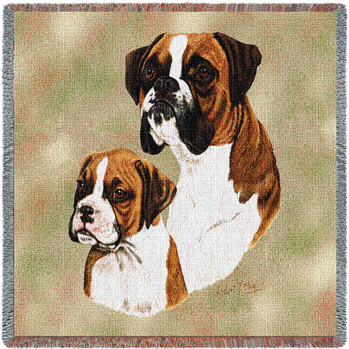 Boxer with Puppy - Robert May - Lap Square Cotton Woven Blanket Throw - Made in the USA (54x54) Lap Square