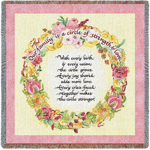 Our Family Is A Circle Of Strength and Love - Lap Square Cotton Woven Blanket Throw - Made in the USA (54x54) Lap Square