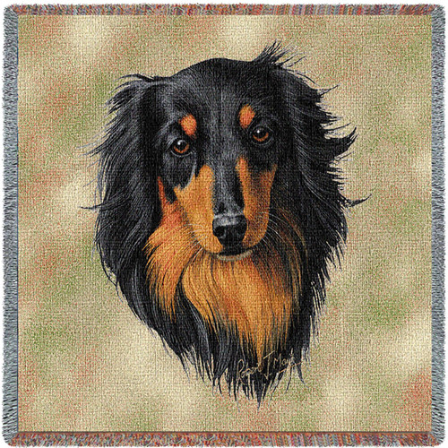 Long Haired Dachshund Black and Tan - Robert May - Lap Square Cotton Woven Blanket Throw - Made in the USA (54x54) Lap Square