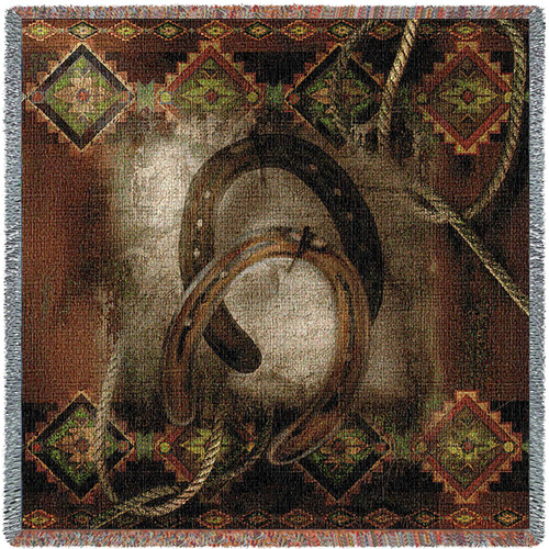 Western Horseshoe - Cowboy - Alma Lee - Lap Square Cotton Woven Blanket Throw - Made in the USA (54x54) Lap Square