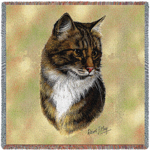 Brown Tabby Cat - Robert May - Lap Square Cotton Woven Blanket Throw - Made in the USA (54x54) Lap Square