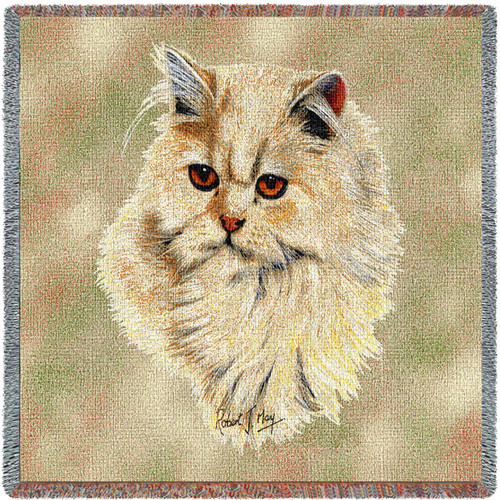 Cream Persian Cat - Robert May - Lap Square Cotton Woven Blanket Throw - Made in the USA (54x54) Lap Square