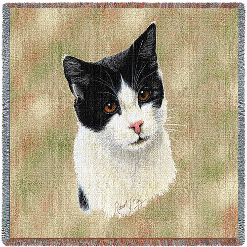 Black and White Shorthair Cat - Robert May - Lap Square Cotton Woven Blanket Throw - Made in the USA (54x54) Lap Square