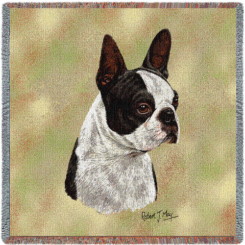 Boston Terrier Black - Robert May - Lap Square Cotton Woven Blanket Throw - Made in the USA (54x54) Lap Square