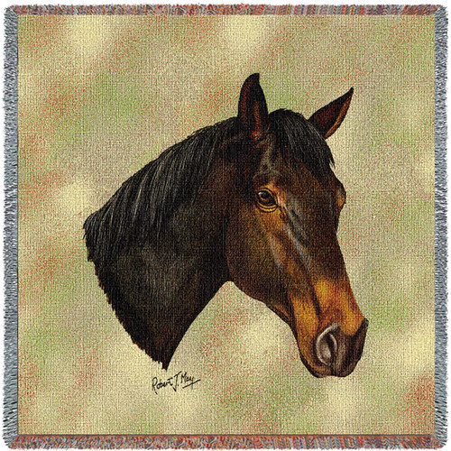 Thoroughbred Dark Brown Horse - Robert May - Lap Square Cotton Woven Blanket Throw - Made in the USA (54x54) Lap Square