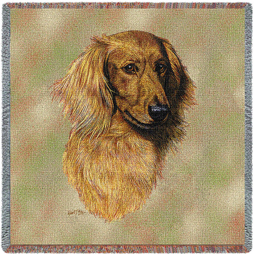 Long Haired Dachshund Red - Robert May - Lap Square Cotton Woven Blanket Throw - Made in the USA (54x54) Lap Square