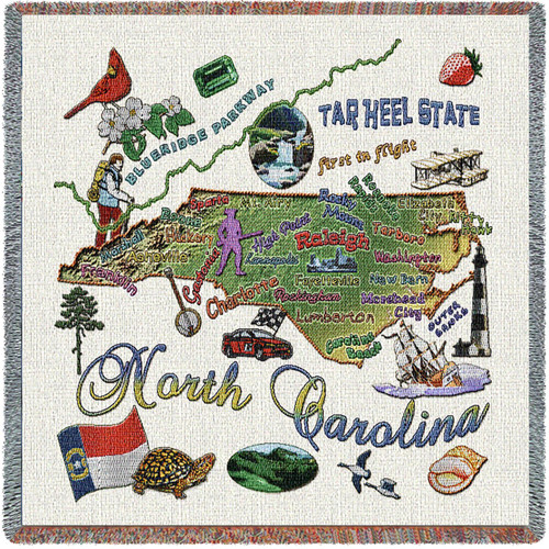 State of North Carolina - Lap Square Cotton Woven Blanket Throw - Made in the USA (54x54) Lap Square