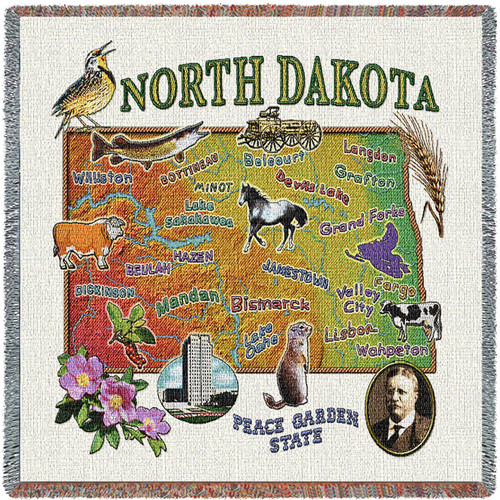 State of North Dakota - Lap Square Cotton Woven Blanket Throw - Made in the USA (54x54) Lap Square
