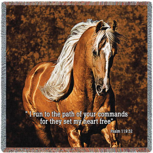 Golden Boy Horse - I Run In The Path Of Your Commands For They Set My Heart Free - Scriptures - Psalm 119:32 - Robert Dawson - Lap Square Cotton Woven Blanket Throw - Made in the USA (54x54) Lap Square