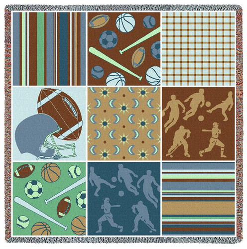 Sports - Nine Patch - Football Baseball Basketball Soccer Hocky - Lap Square Cotton Woven Blanket Throw - Made in the USA (54x54) Lap Square