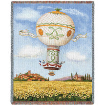 Balloon Flight Over Sunflowers - Hot Air Ballon Scenic - Cotton Woven Blanket Throw - Made in the USA (72x54) Tapestry Throw