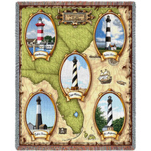 Lighthouses of the Southeast - Harbortown, Bodie Island, Cape Hatteras, Tybee Island, St Augustine - Cotton Woven Blanket Throw - Made in the USA (72x54) Tapestry Throw