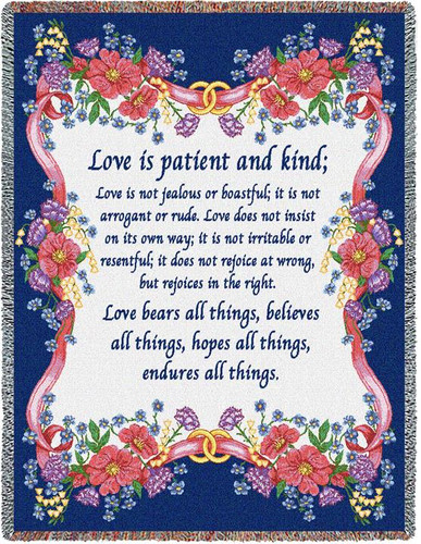 Love is Patient Love is Kind - Scriptures - 1 Corinthians 13 - Cotton Woven Blanket Throw - Made in the USA (72x54) Tapestry Throw