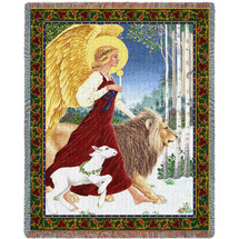 Christmas Angel With Lamb Lion - Lynn Bywaters - Cotton Woven Blanket Throw - Made in the USA (72x54) Tapestry Throw