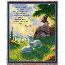 Green Pastures - For God So Loved The World That He Gave His Only Begotten Son - Scriptures - John 3:16 - Jesus with Lambs - Raoul Vitale - Cotton Woven Blanket Throw - Made in the USA (72x54) Tapestry Throw