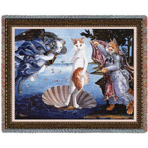 Kitty on a Half Shell - Sandro Botticelli's The Birth of Venus Parody - Melinda Copper - Cotton Woven Blanket Throw - Made in the USA (72x54) Tapestry Throw