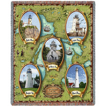 Lighthouses of the Great Lakes - Wind Point, Presque, Old Mission, Split Rock, Ludington - Cotton Woven Blanket Throw - Made in the USA (72x54) Tapestry Throw