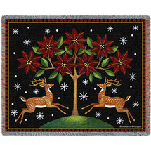 Deer Poinsettia and Tree - Stephanie Stouffer - Cotton Woven Blanket Throw - Made in the USA (72x54) Tapestry Throw