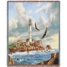 Boston Lighthouse - Rudi Reichardt - Cotton Woven Blanket Throw - Made in the USA (72x54) Tapestry Throw