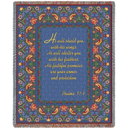 He Will Shield You With His Wings - Scriptures - Psalms 91:4 - Cotton Woven Blanket Throw - Made in the USA (72x54) Tapestry Throw