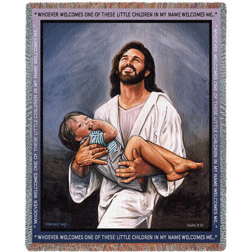 Whoever Welcomes One Of These Children In My Name Welcomes Me - Scriptures - Mark 9:37 - Stephen Sawyer - Cotton Woven Blanket Throw - Made in the USA (72x54) Tapestry Throw