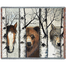 Trio - Horse Bear Wolf - John Saunders - Cotton Woven Blanket Throw - Made in the USA (72x54) Tapestry Throw