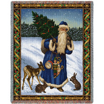 Father Christmas - Blue - Cotton Woven Blanket Throw - Made in the USA (72x54) Tapestry Throw